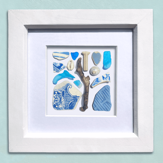 Framed Beach Wall Art - Beachcombing Curiosities Collage - Tranquil Turquoise - Sea Glass, Victorian Pottery, Driftwood - East Neuk Beach Crafts