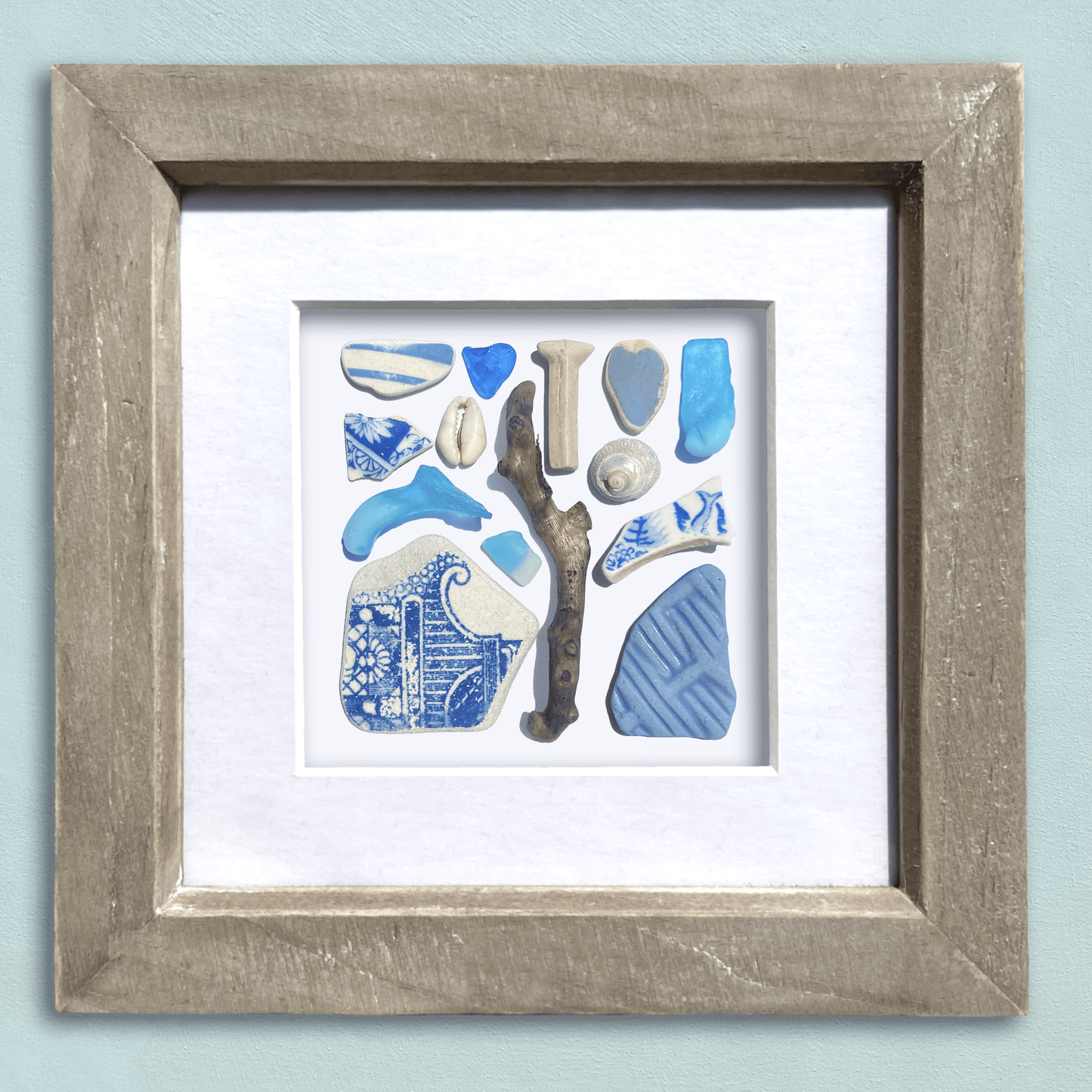 Framed Beach Wall Art - Beachcombing Curiosities Collage - Tranquil Turquoise - Sea Glass, Victorian Pottery, Driftwood - East Neuk Beach Crafts