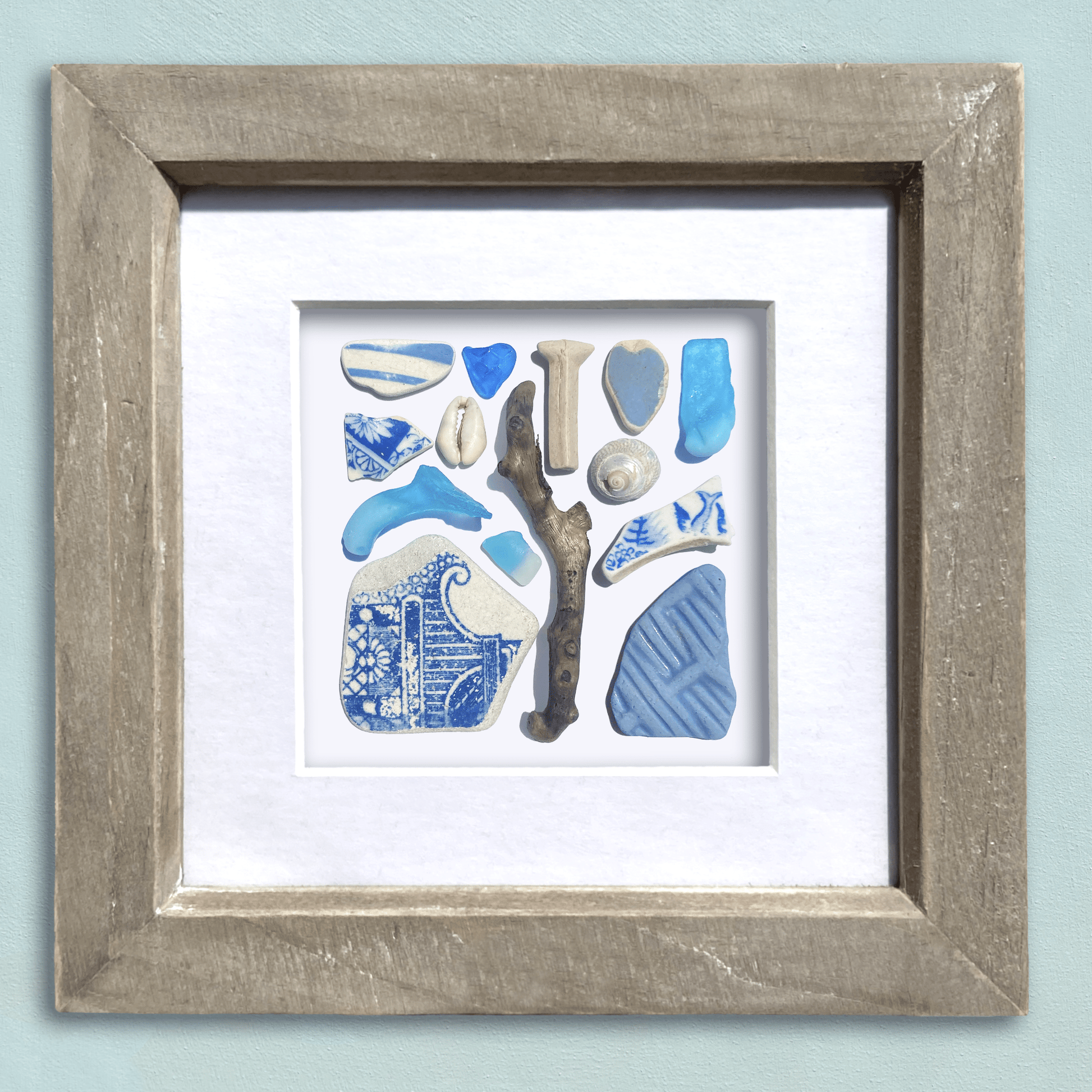 Framed Beach Wall Art - Beachcombing Curiosities Collage - Tranquil Turquoise - Sea Glass, Victorian Pottery, Driftwood - East Neuk Beach Crafts