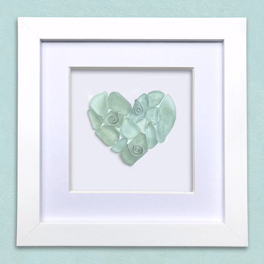 Framed Sea Glass Heart - Green Scottish Beach Glass Coastal Wall Art - East Neuk Beach Crafts