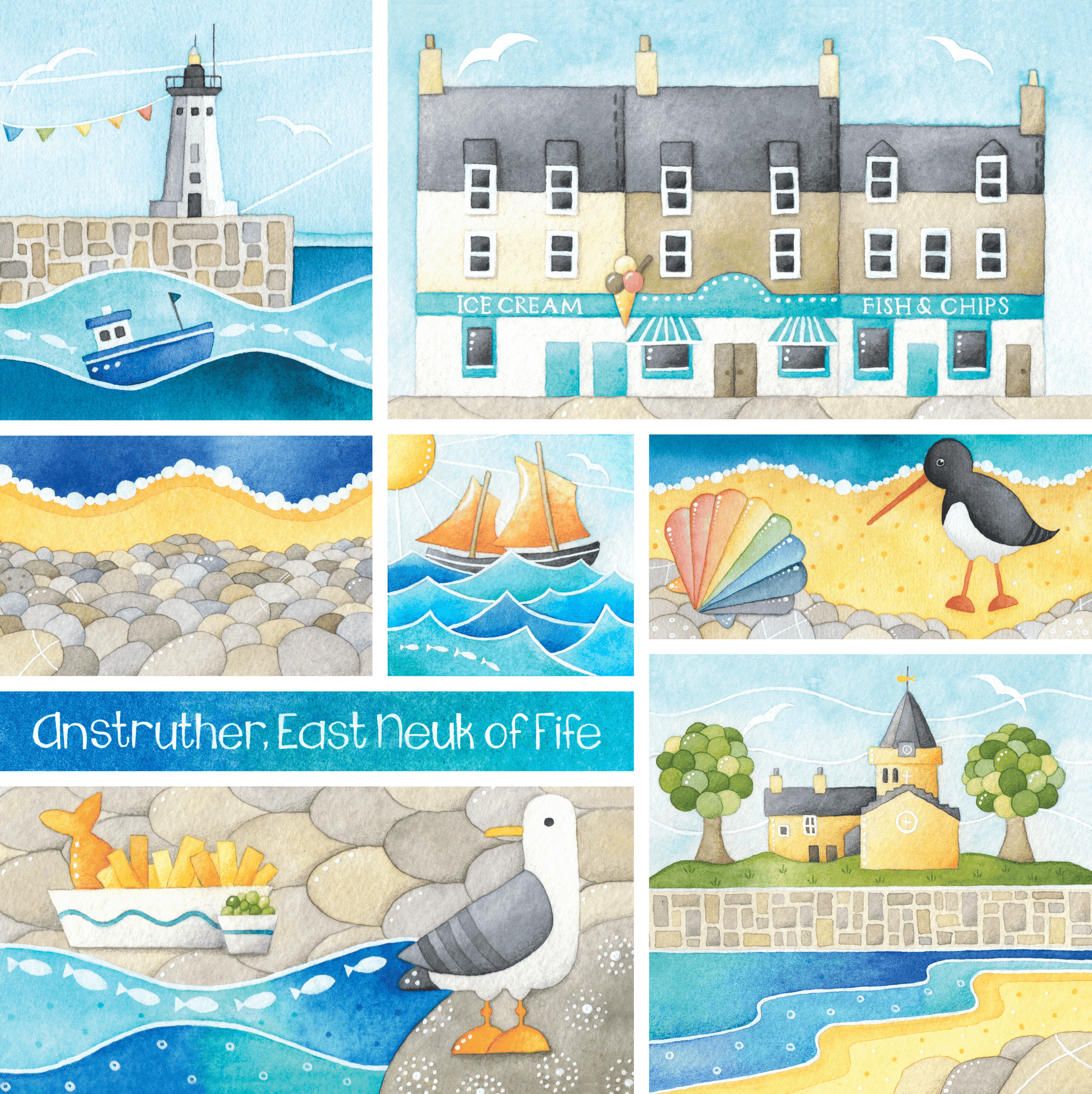 Framed Seaside Print - Greetings from Anstruther, East Neuk of Fife - Watercolour Painting - East Neuk Beach Crafts