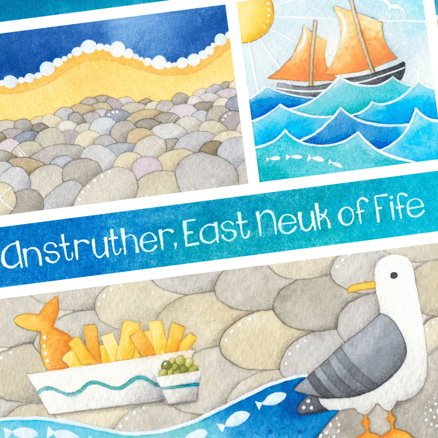 Framed Seaside Print - Greetings from Anstruther, East Neuk of Fife - Watercolour Painting - East Neuk Beach Crafts