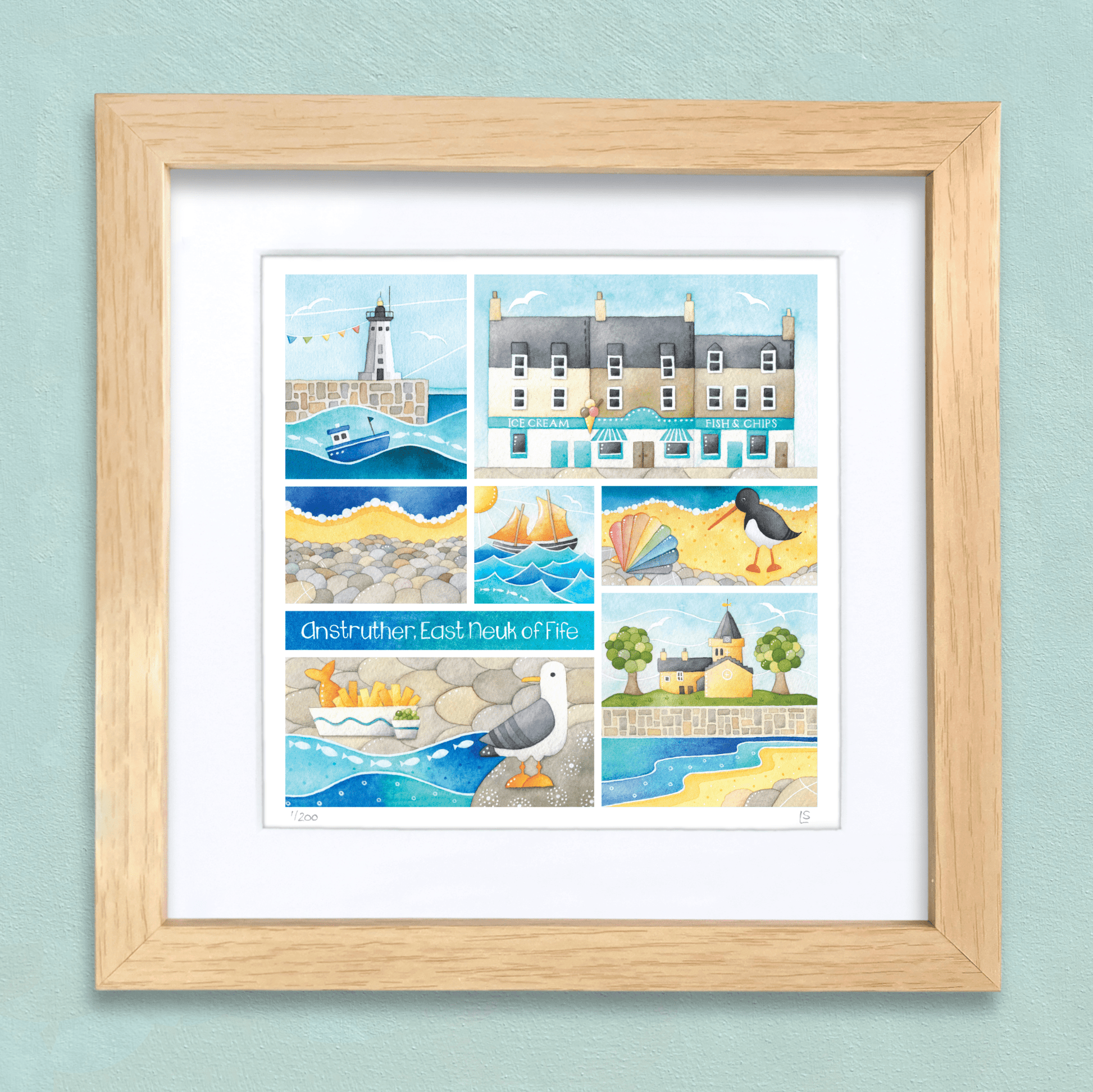 Framed Seaside Print - Greetings from Anstruther, East Neuk of Fife - Watercolour Painting - East Neuk Beach Crafts