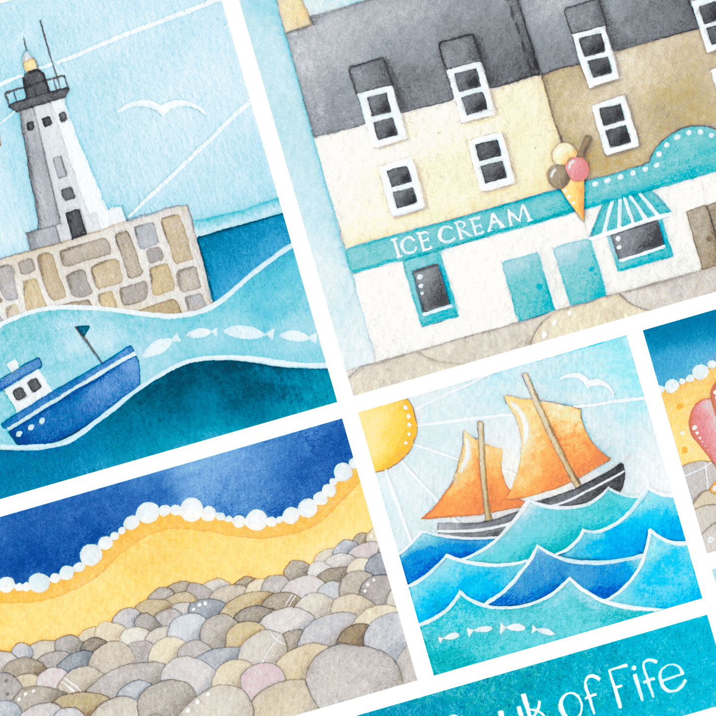 Framed Seaside Print - Greetings from Anstruther, East Neuk of Fife - Watercolour Painting - East Neuk Beach Crafts