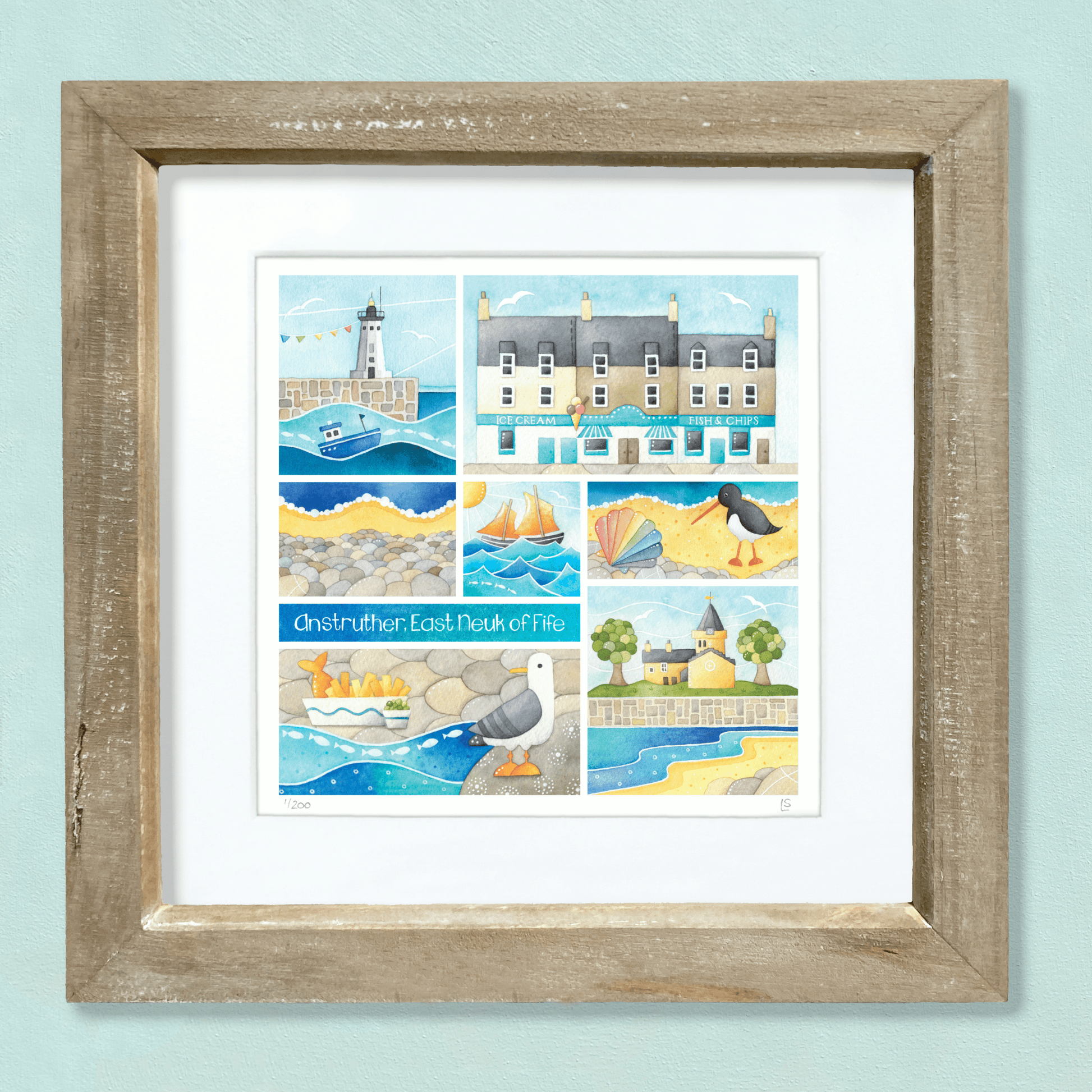 Framed Seaside Print - Greetings from Anstruther, East Neuk of Fife - Watercolour Painting - East Neuk Beach Crafts