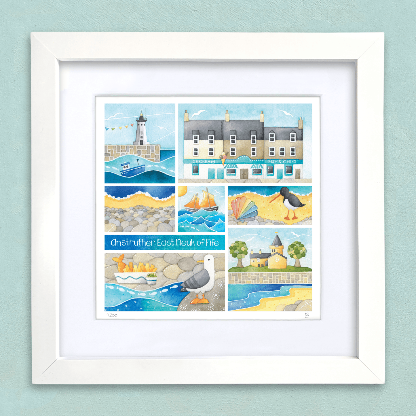 Framed Seaside Print - Greetings from Anstruther, East Neuk of Fife - Watercolour Painting - East Neuk Beach Crafts