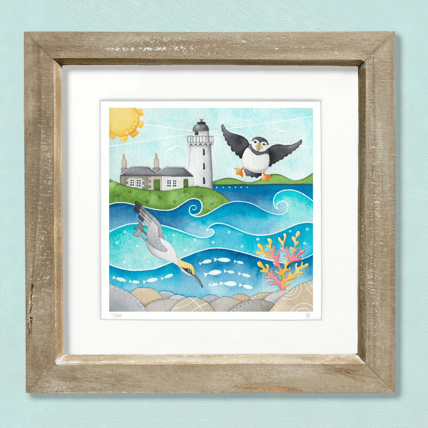 Framed Seaside Print - Puffin, Diving Gannet & Lighthouse, Isle of May - East Neuk of Fife Watercolour Painting - East Neuk Beach Crafts