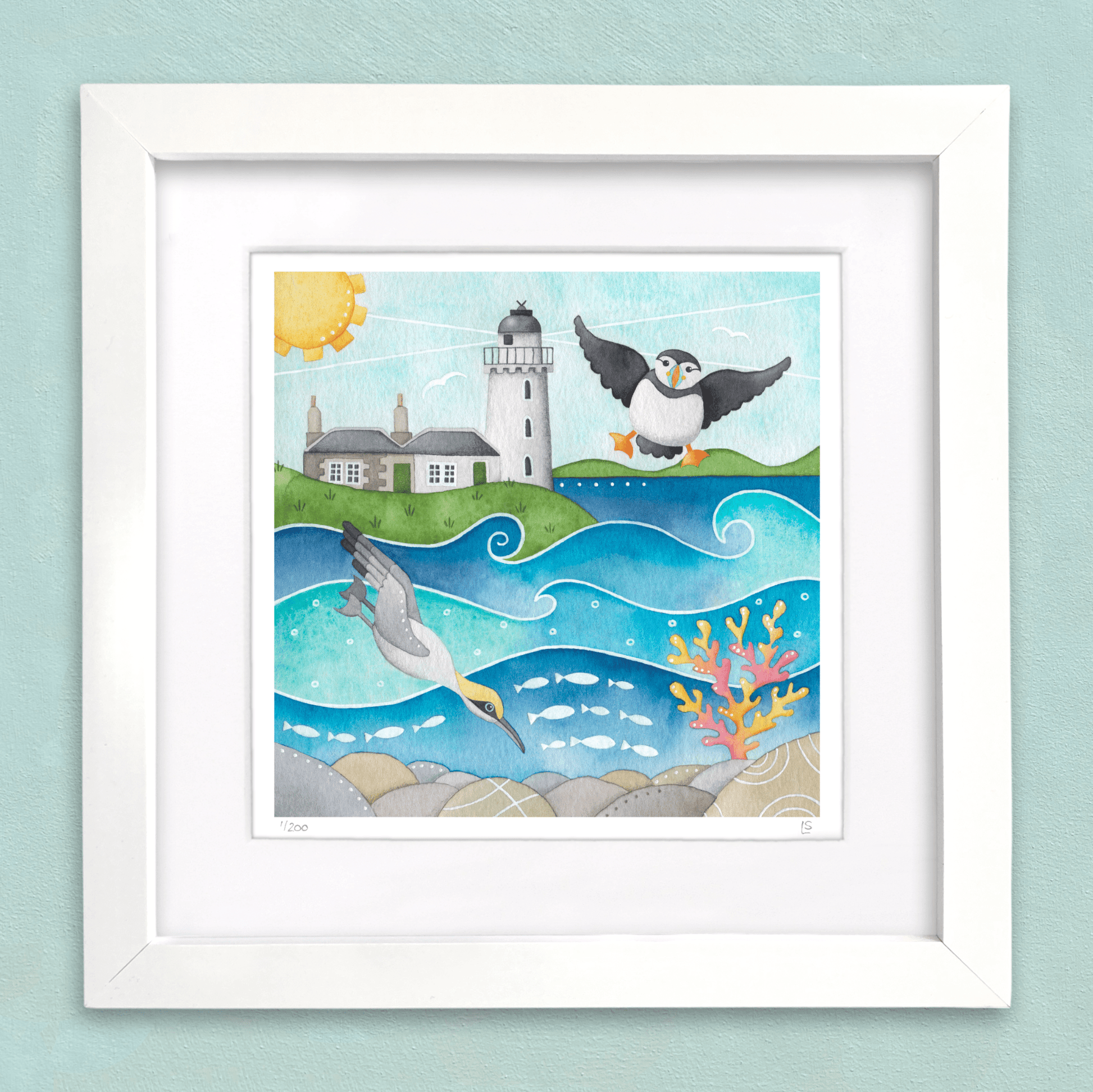 Framed Seaside Print - Puffin, Diving Gannet & Lighthouse, Isle of May - East Neuk of Fife Watercolour Painting - East Neuk Beach Crafts