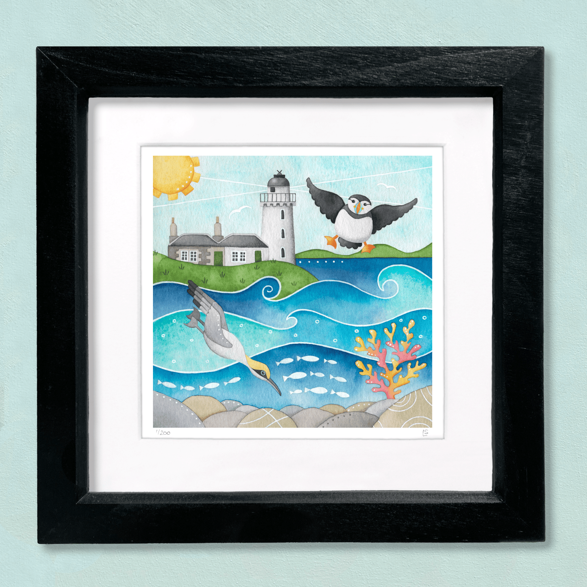 Framed Seaside Print - Puffin, Diving Gannet & Lighthouse, Isle of May - East Neuk of Fife Watercolour Painting - East Neuk Beach Crafts