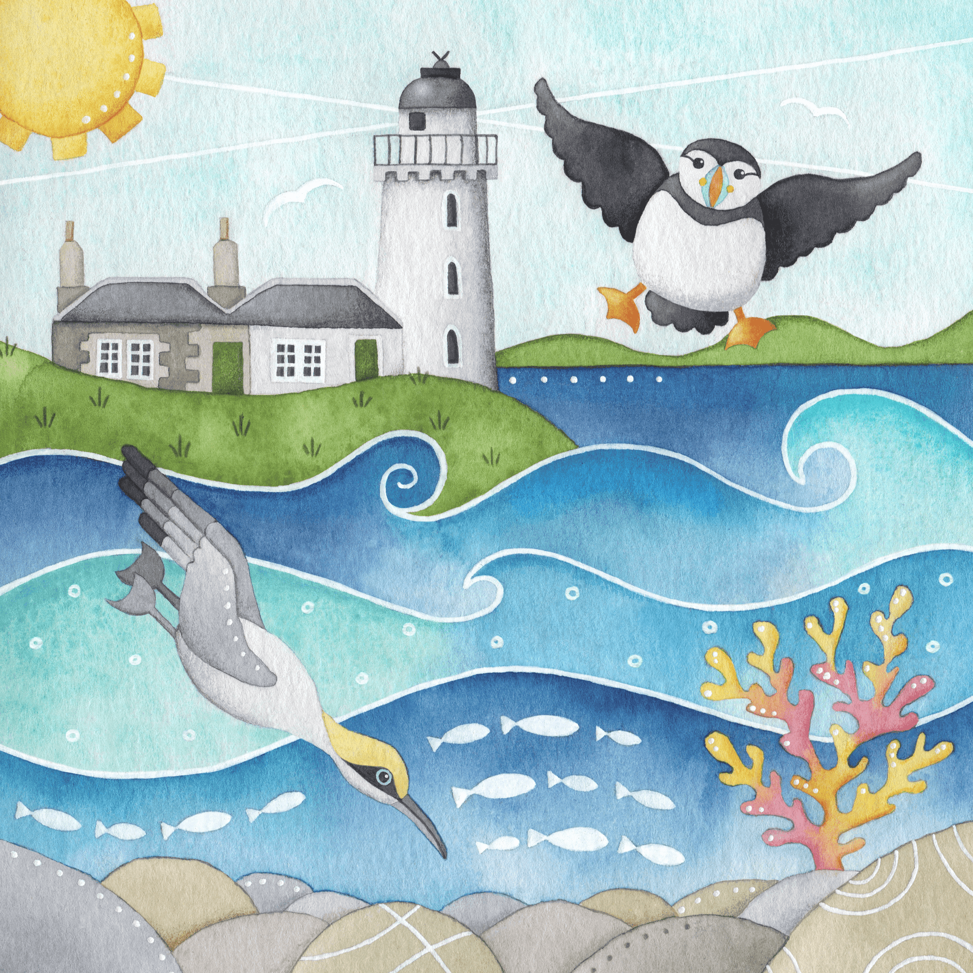 Gannet & Puffin Mug - Isle of May Lighthouse - Seaside Watercolours, East Neuk of Fife - East Neuk Beach Crafts