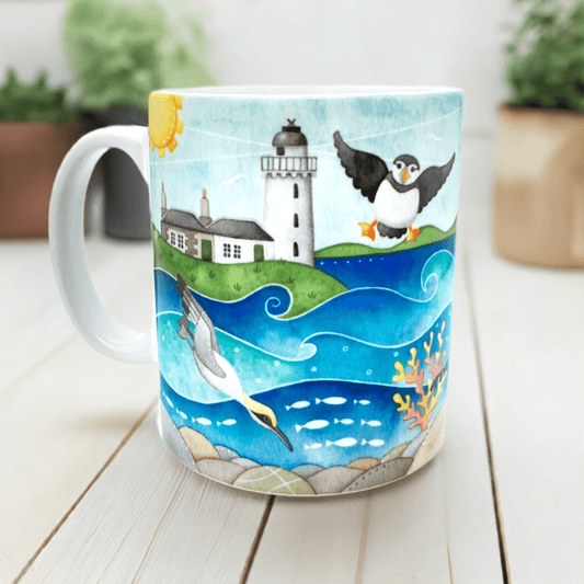 Gannet & Puffin Mug - Isle of May Lighthouse - Seaside Watercolours, East Neuk of Fife - East Neuk Beach Crafts