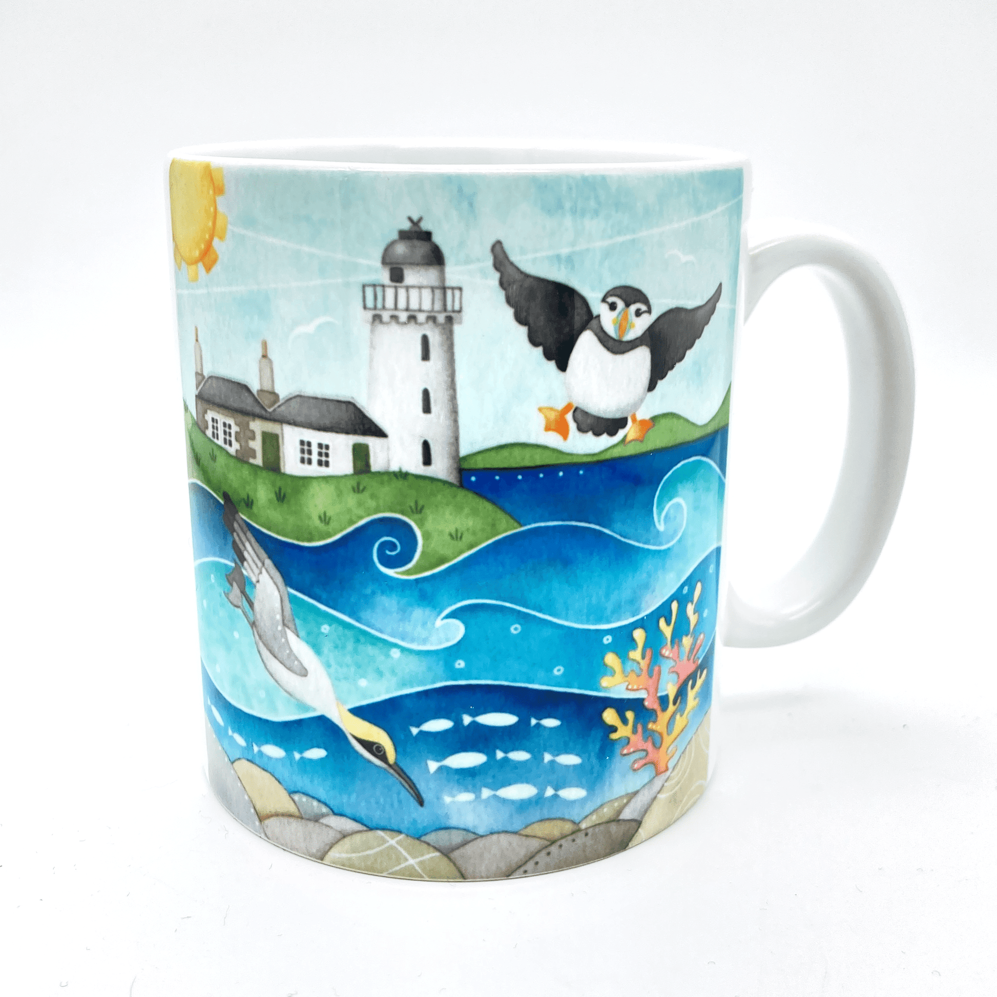 Gannet & Puffin Mug - Isle of May Lighthouse - Seaside Watercolours, East Neuk of Fife - East Neuk Beach Crafts