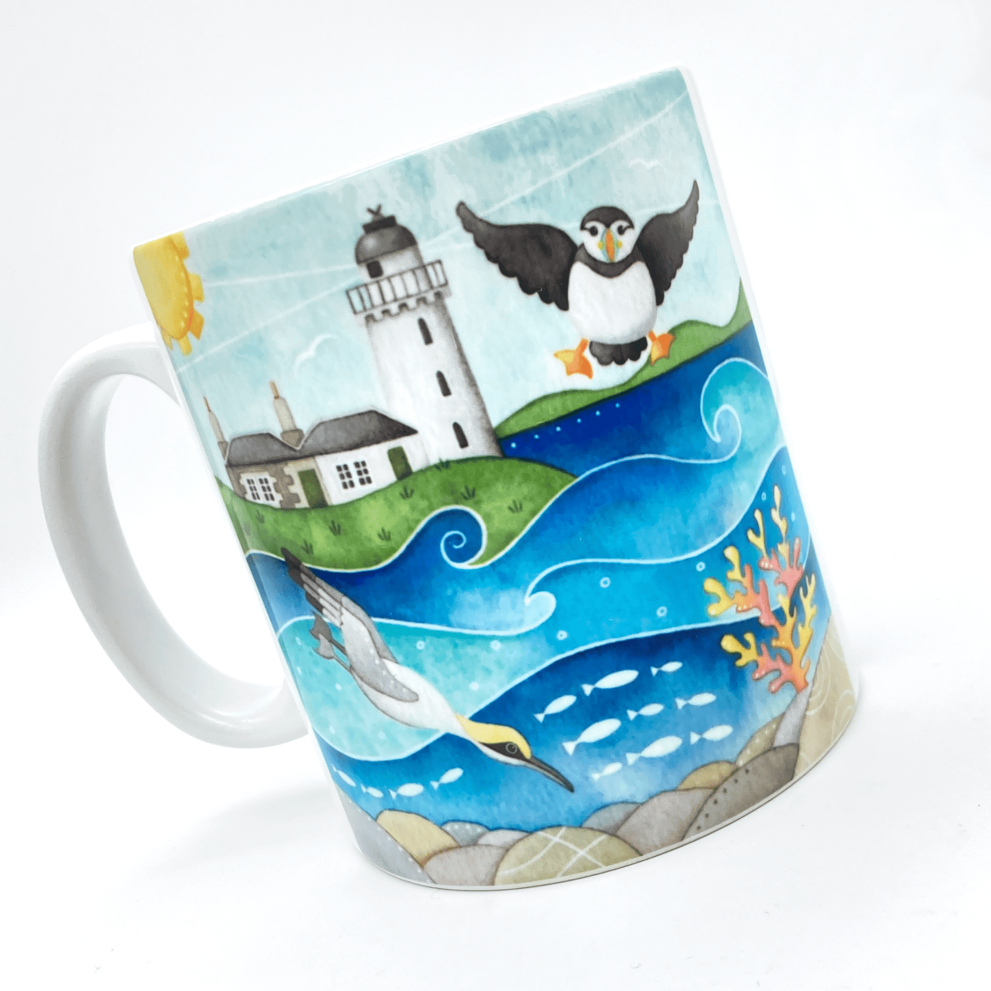 Gannet & Puffin Mug - Isle of May Lighthouse - Seaside Watercolours, East Neuk of Fife - East Neuk Beach Crafts