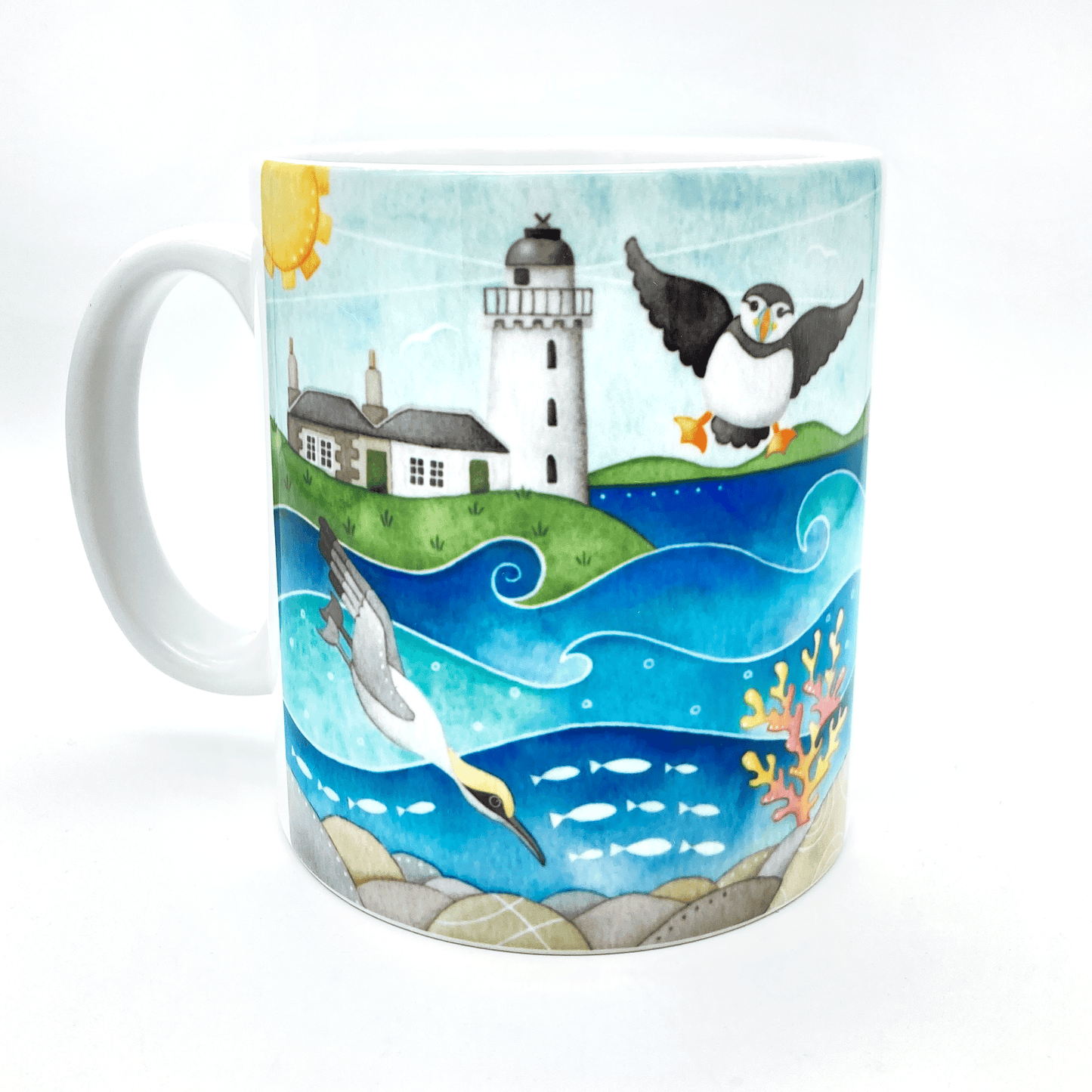 Gannet & Puffin Mug - Isle of May Lighthouse - Seaside Watercolours, East Neuk of Fife - East Neuk Beach Crafts