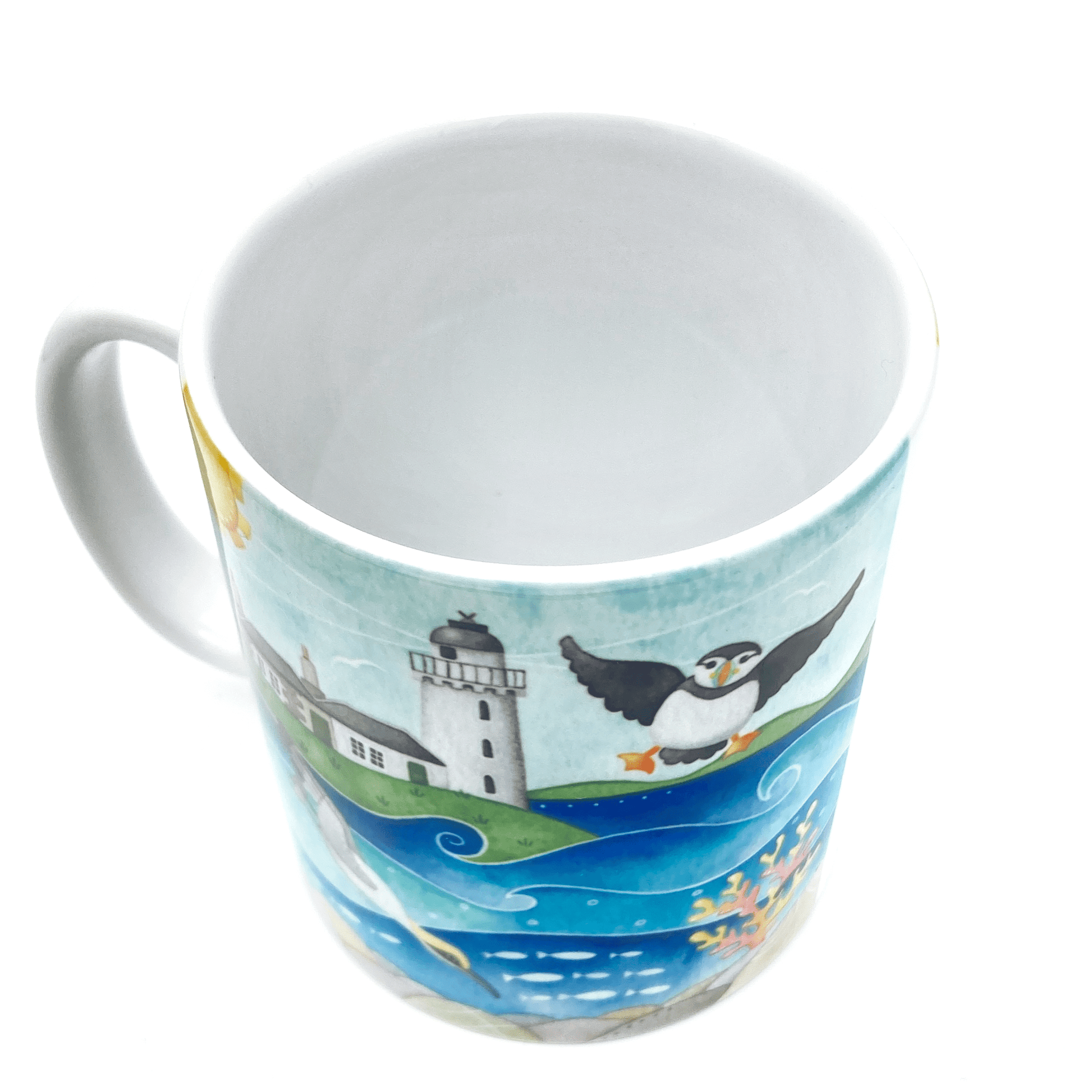 Gannet & Puffin Mug - Isle of May Lighthouse - Seaside Watercolours, East Neuk of Fife - East Neuk Beach Crafts