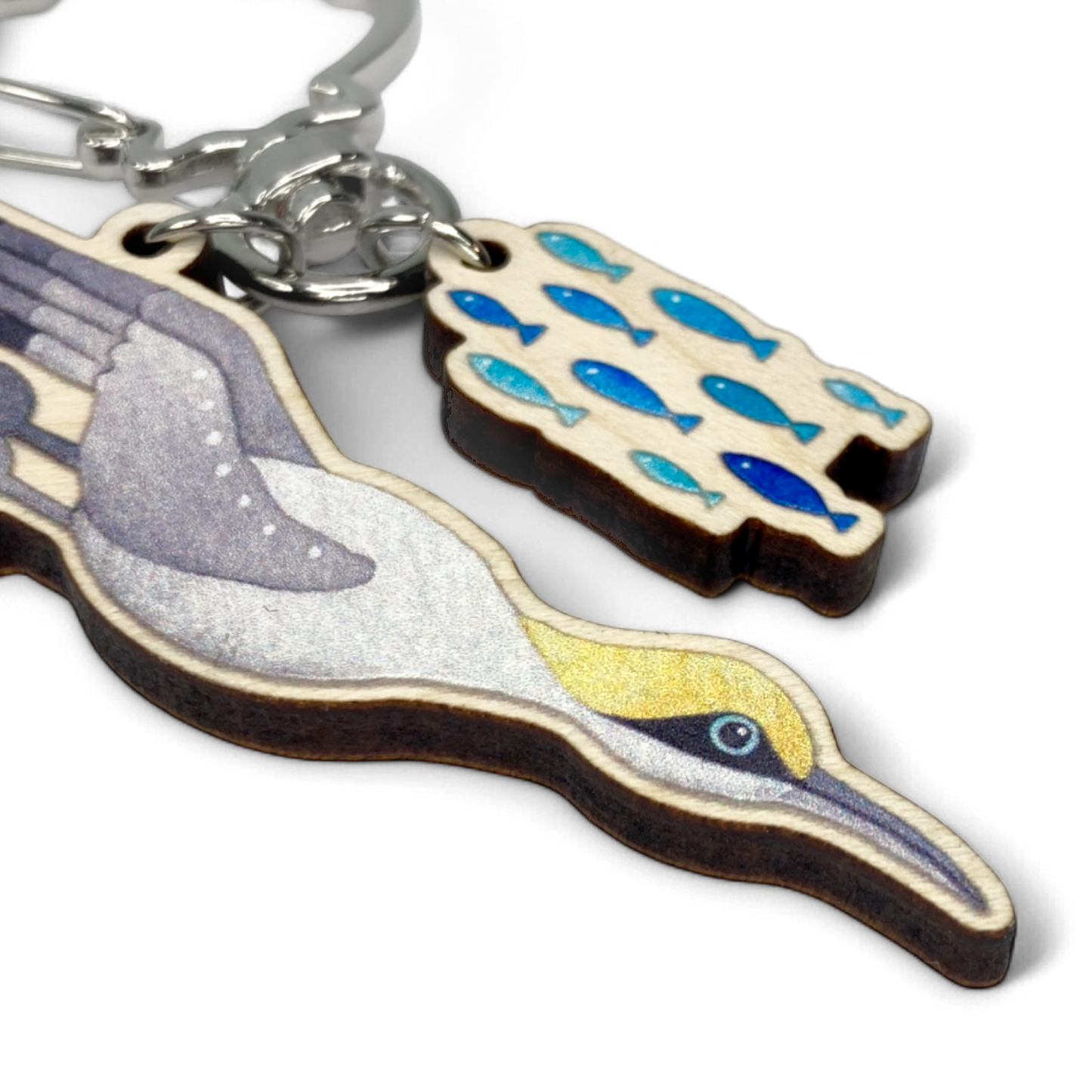 Wooden Keyring - Diving Gannet and Fish - Maple Wood Key Chain with Shell Clasp