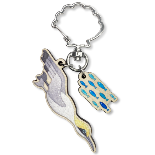 Wooden Keyring - Diving Gannet and Fish - Maple Wood Key Chain with Shell Clasp