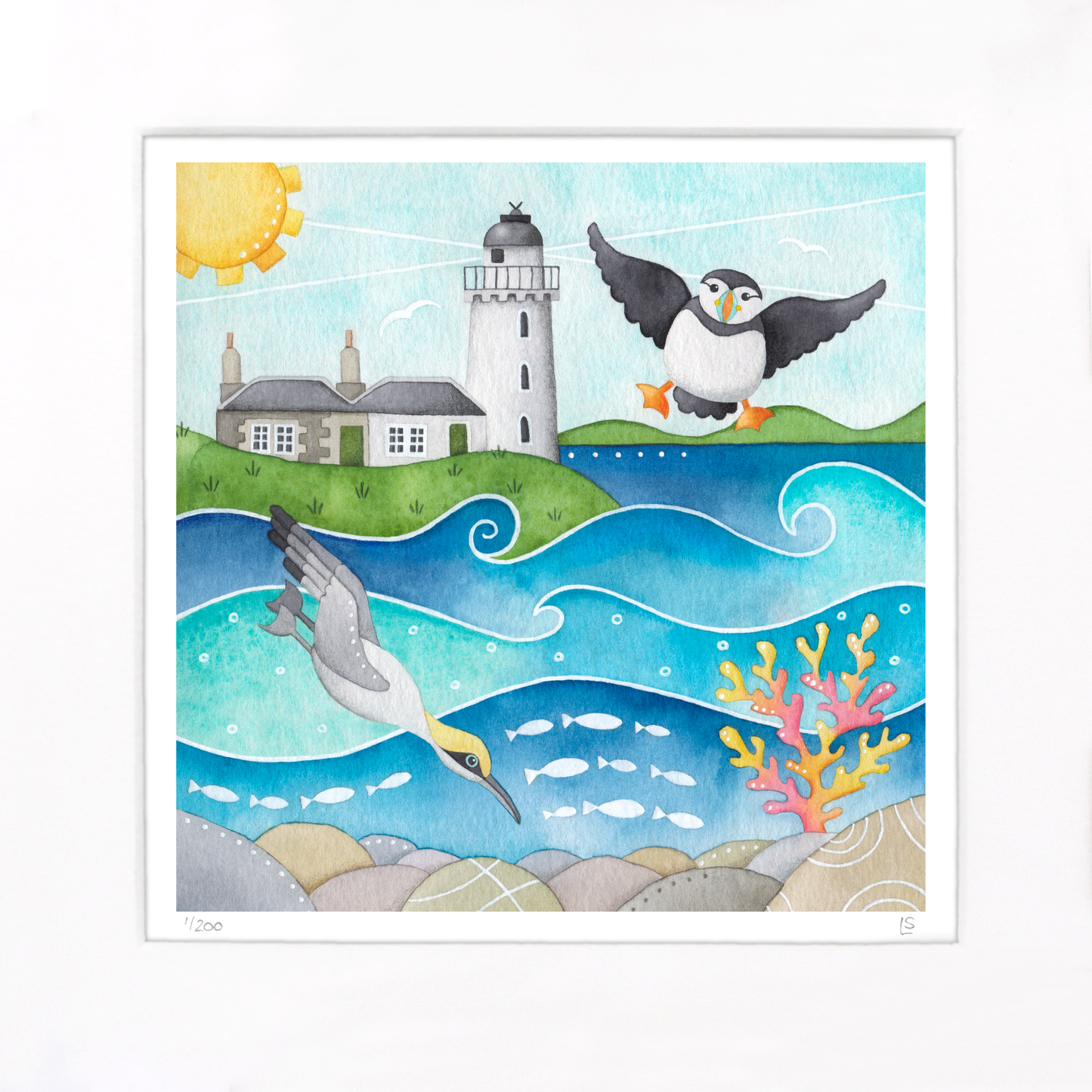 Framed Seaside Print - Puffin, Diving Gannet & Lighthouse, Isle of May - East Neuk of Fife Watercolour Painting