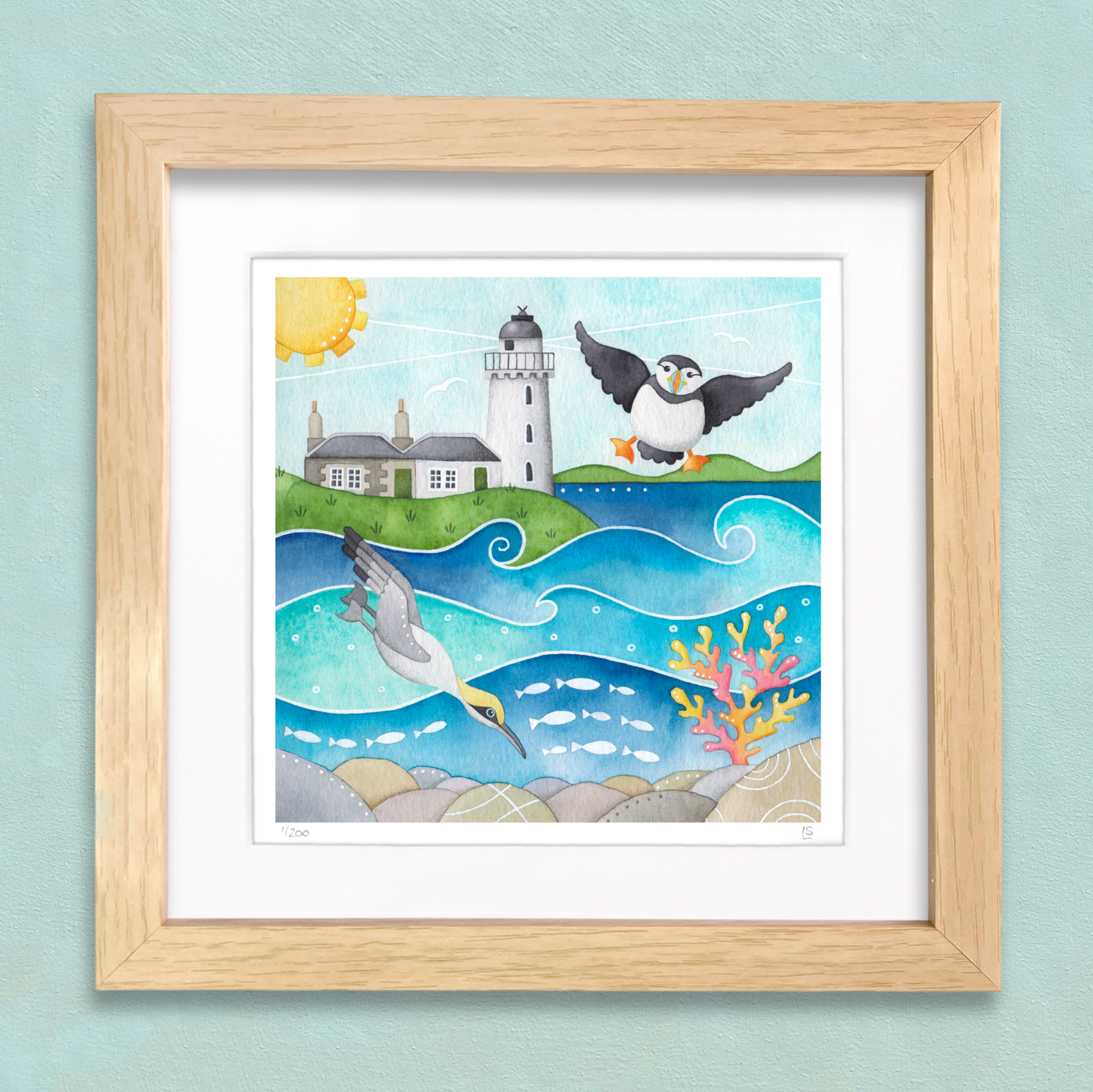 Framed Seaside Print - Puffin, Diving Gannet & Lighthouse, Isle of May - East Neuk of Fife Watercolour Painting