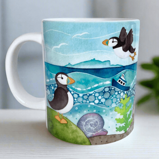 Giant Mug - Puffins on the Isle of May - Seaside Watercolours, East Neuk of Fife - East Neuk Beach Crafts