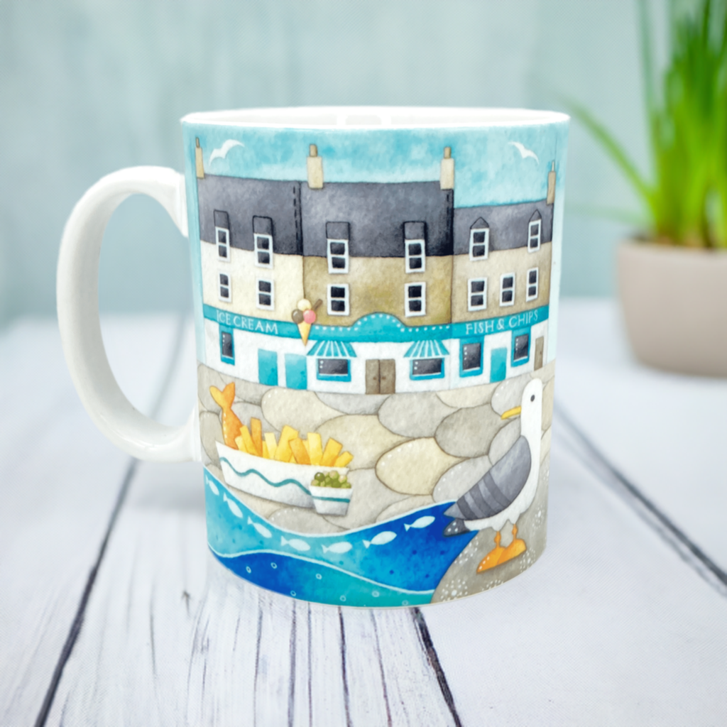 Set of Seaside Mugs x4 - Puffin, Seagull, Crail, Oystercatcher - East Neuk of Fife - Save £6