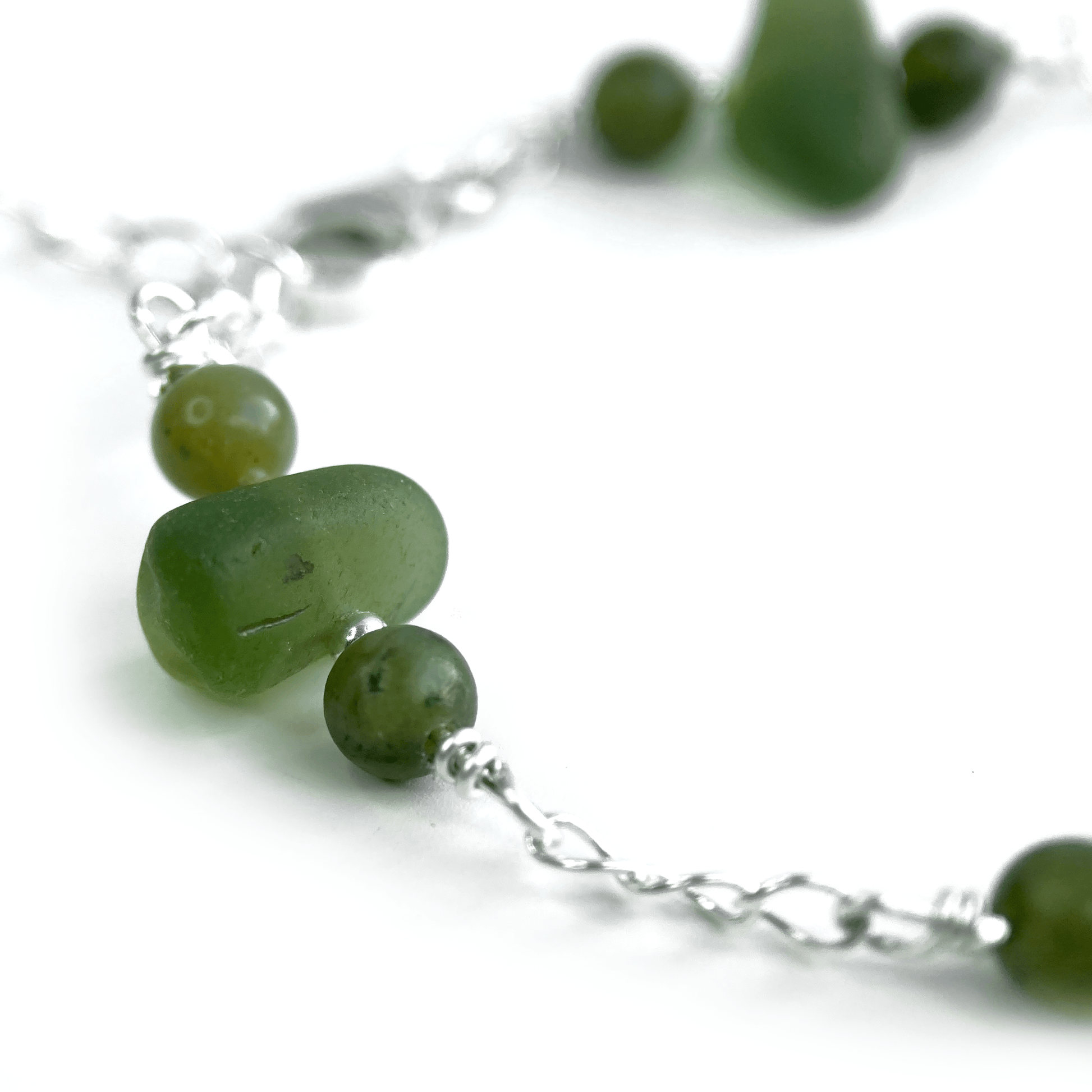 Green Sea Glass Bracelet with Jade Crystal Beads - Sterling Silver Scottish Jewellery - East Neuk Beach Crafts