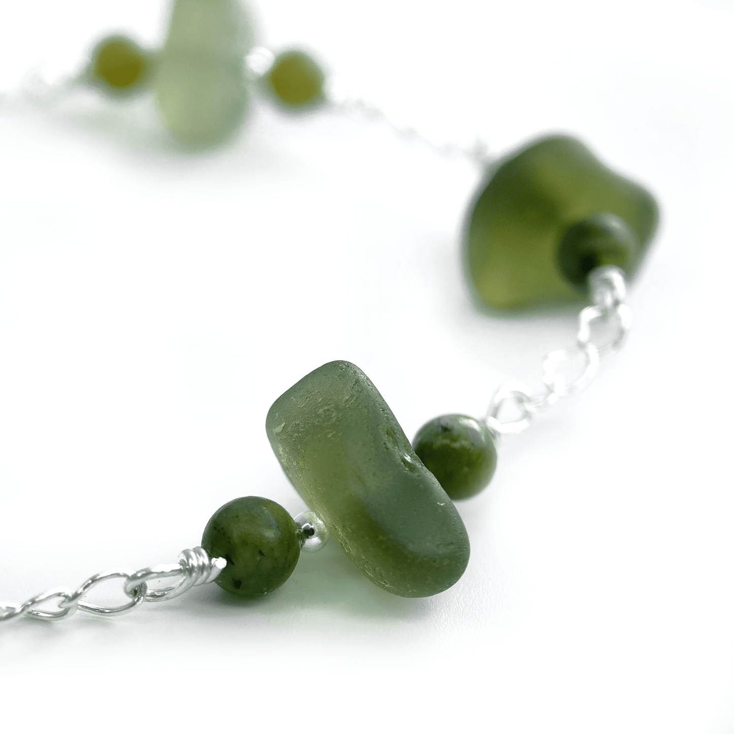 Green Sea Glass Bracelet with Jade Crystal Beads - Sterling Silver Scottish Jewellery - East Neuk Beach Crafts