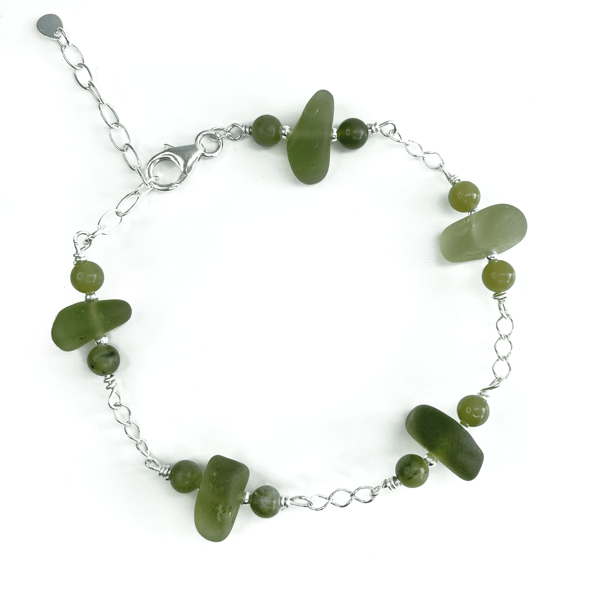 Green Sea Glass Bracelet with Jade Crystal Beads - Sterling Silver Scottish Jewellery - East Neuk Beach Crafts