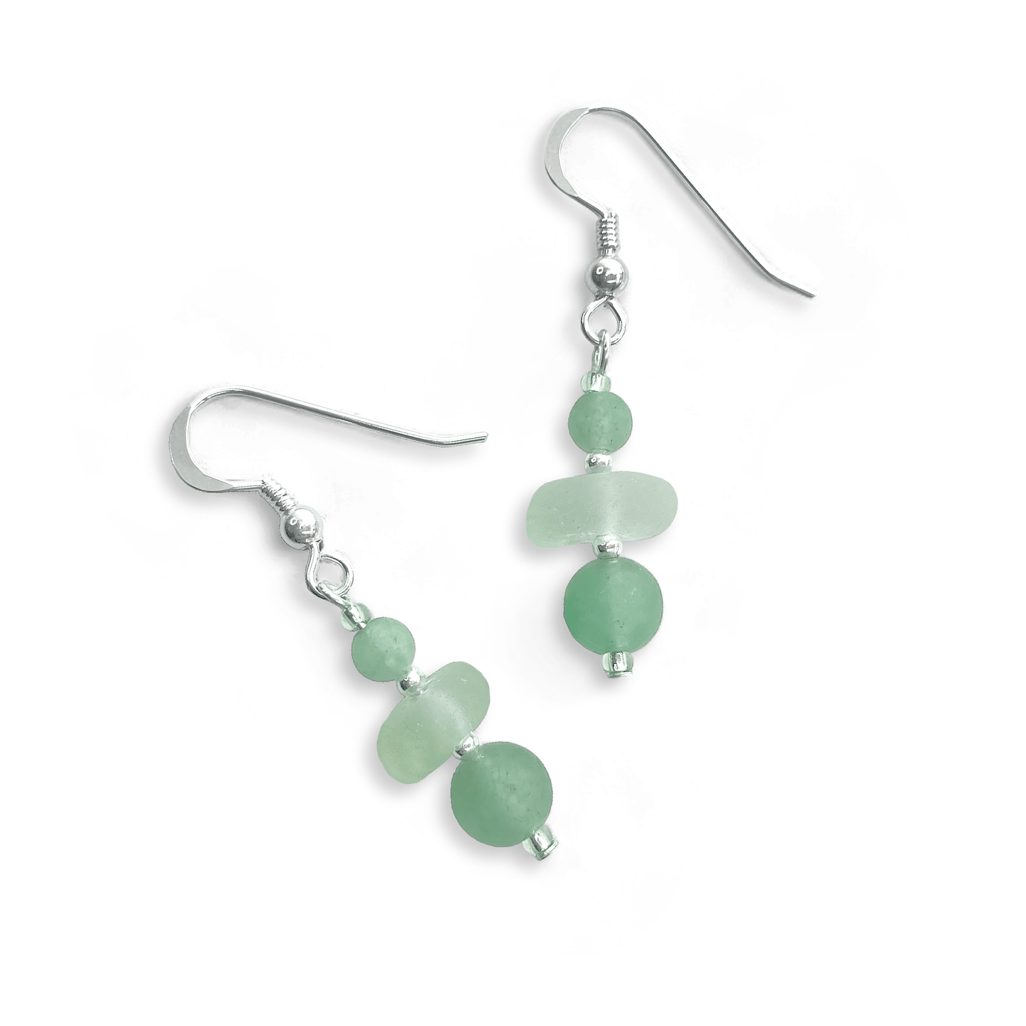 Green Sea Glass Earrings - Sterling Silver Beaded Earrings with Aventurine Crystal - East Neuk Beach Crafts