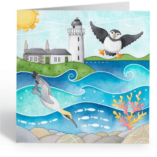 Greetings Card - Puffin, Diving Gannet & Lighthouse, Isle of May - Seaside Painting - East Neuk Beach Crafts