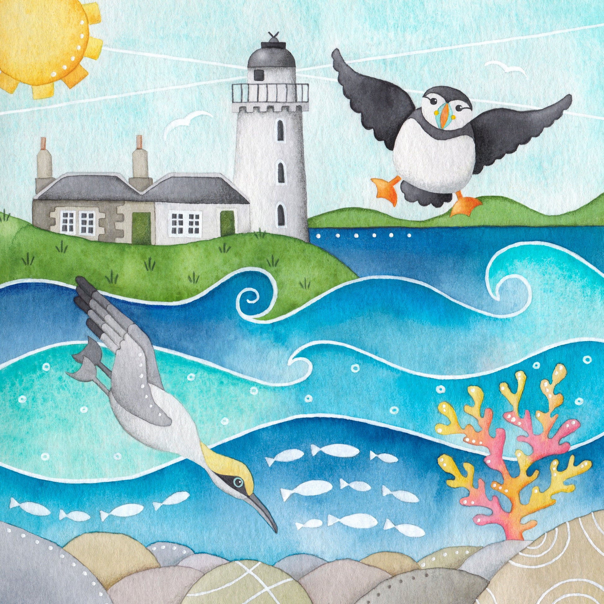 Greetings Card - Puffin, Diving Gannet & Lighthouse, Isle of May - Seaside Painting - East Neuk Beach Crafts