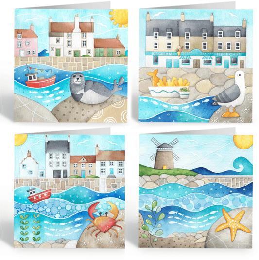 Greetings Cards (Pack of 4) - Seaside Art - Watercolour Paintings - East Neuk of Fife - East Neuk Beach Crafts