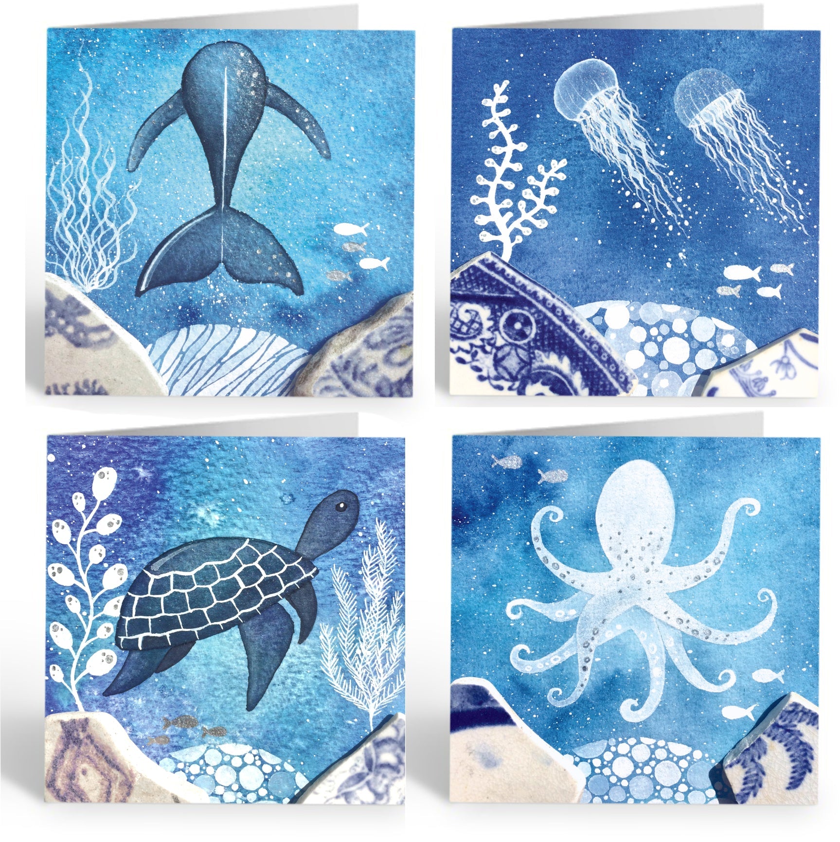 Greetings Cards (Pack of 4) Under the Waves - Whale, Jellyfish, Octopus, Turtle - East Neuk Beach Crafts