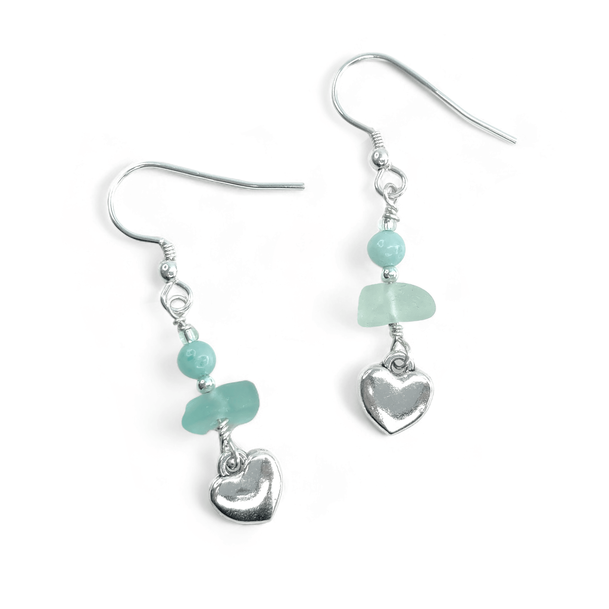 Heart Earrings - Green Sea Glass and Amazonite Sterling Silver Jewellery - East Neuk Beach Crafts