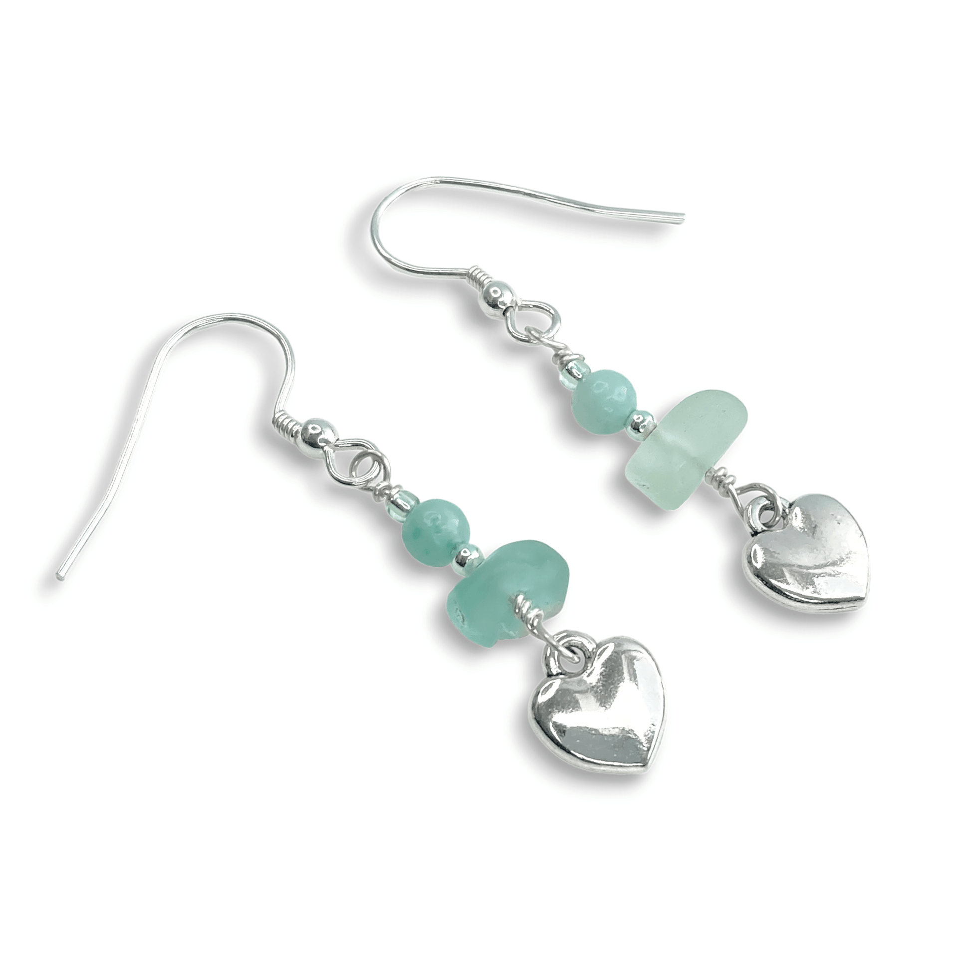 Heart Earrings - Green Sea Glass and Amazonite Sterling Silver Jewellery - East Neuk Beach Crafts