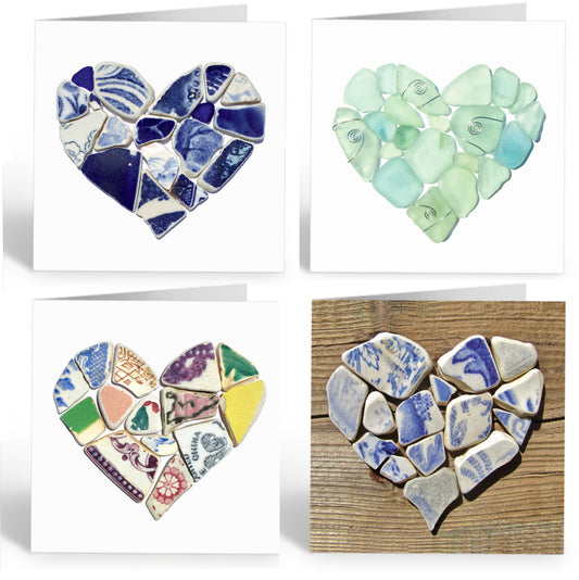 Greetings Cards (Pack of 4) Love Hearts - Sea Glass & Pottery Mosaics