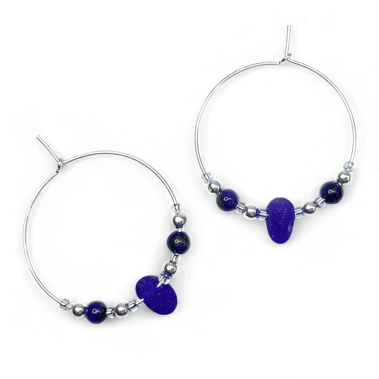 Large Sea Glass Hoop Earrings - Sterling Silver with Blue Lapis Lazuli Crystal Beads - East Neuk Beach Crafts