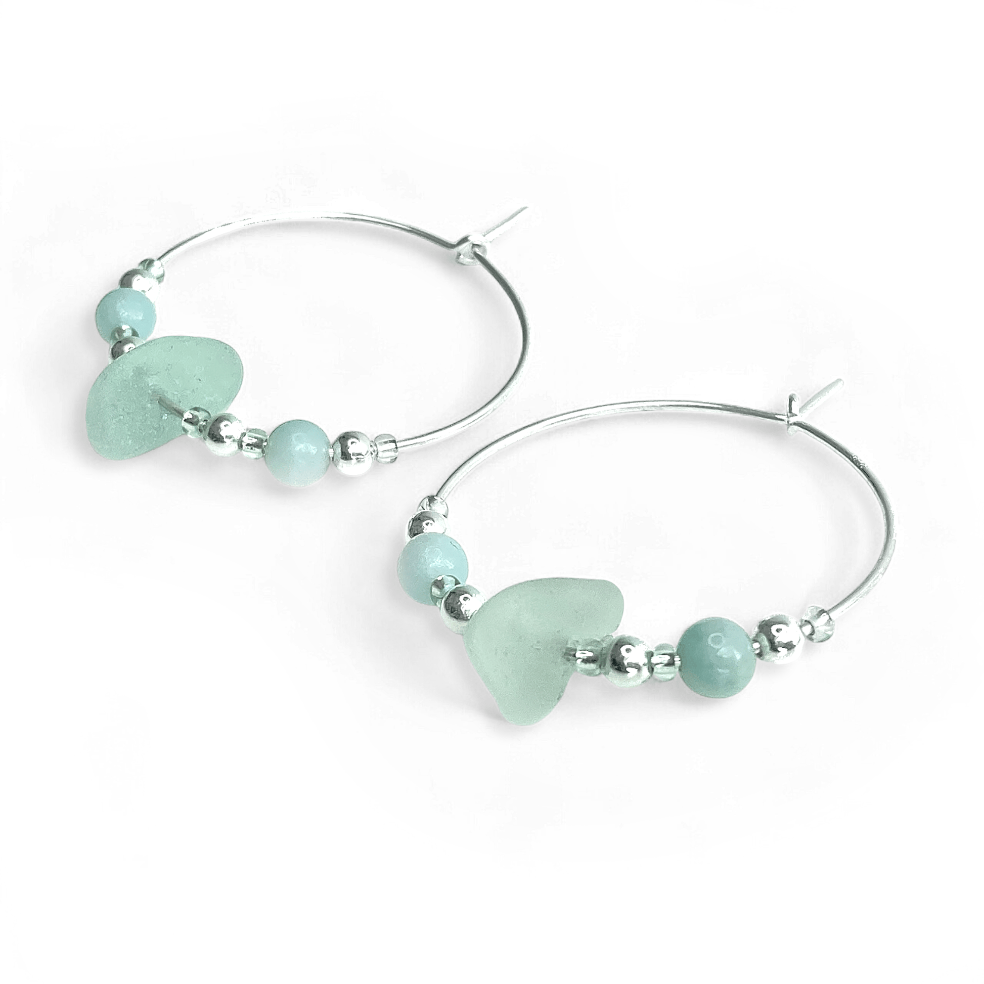 Large Sea Glass Hoop Earrings - Sterling Silver with Green Amazonite Crystal Beads - East Neuk Beach Crafts