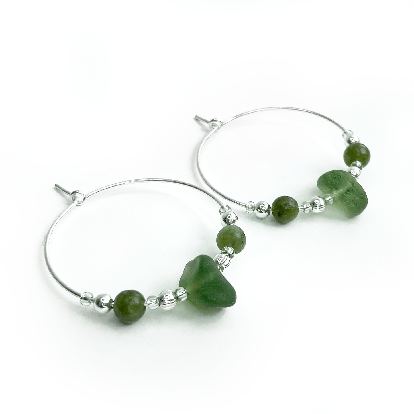 Large Sea Glass Hoop Earrings - Sterling Silver with Green Jade Crystal Beads - East Neuk Beach Crafts