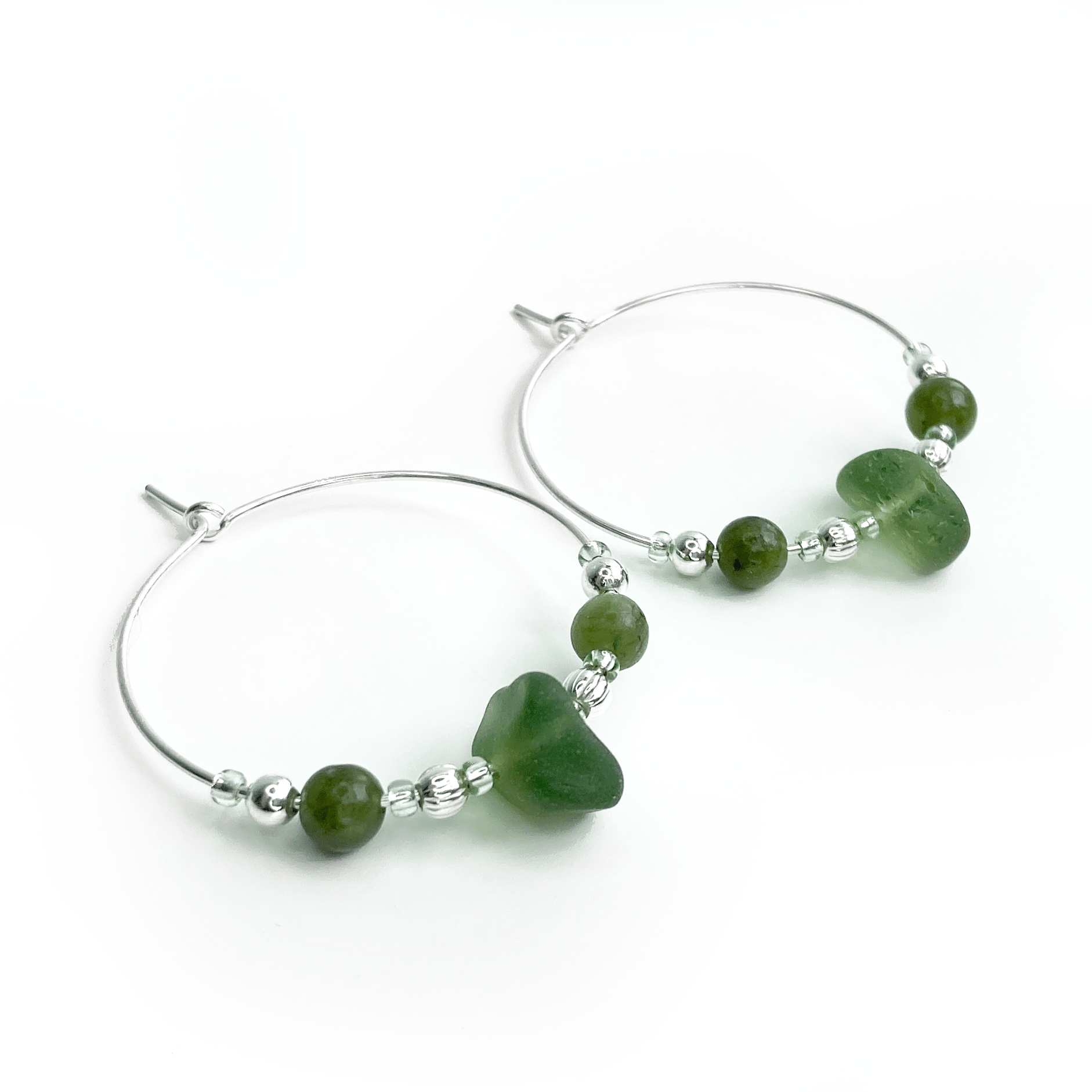 Large Sea Glass Hoop Earrings - Sterling Silver with Green Jade Crystal Beads - East Neuk Beach Crafts