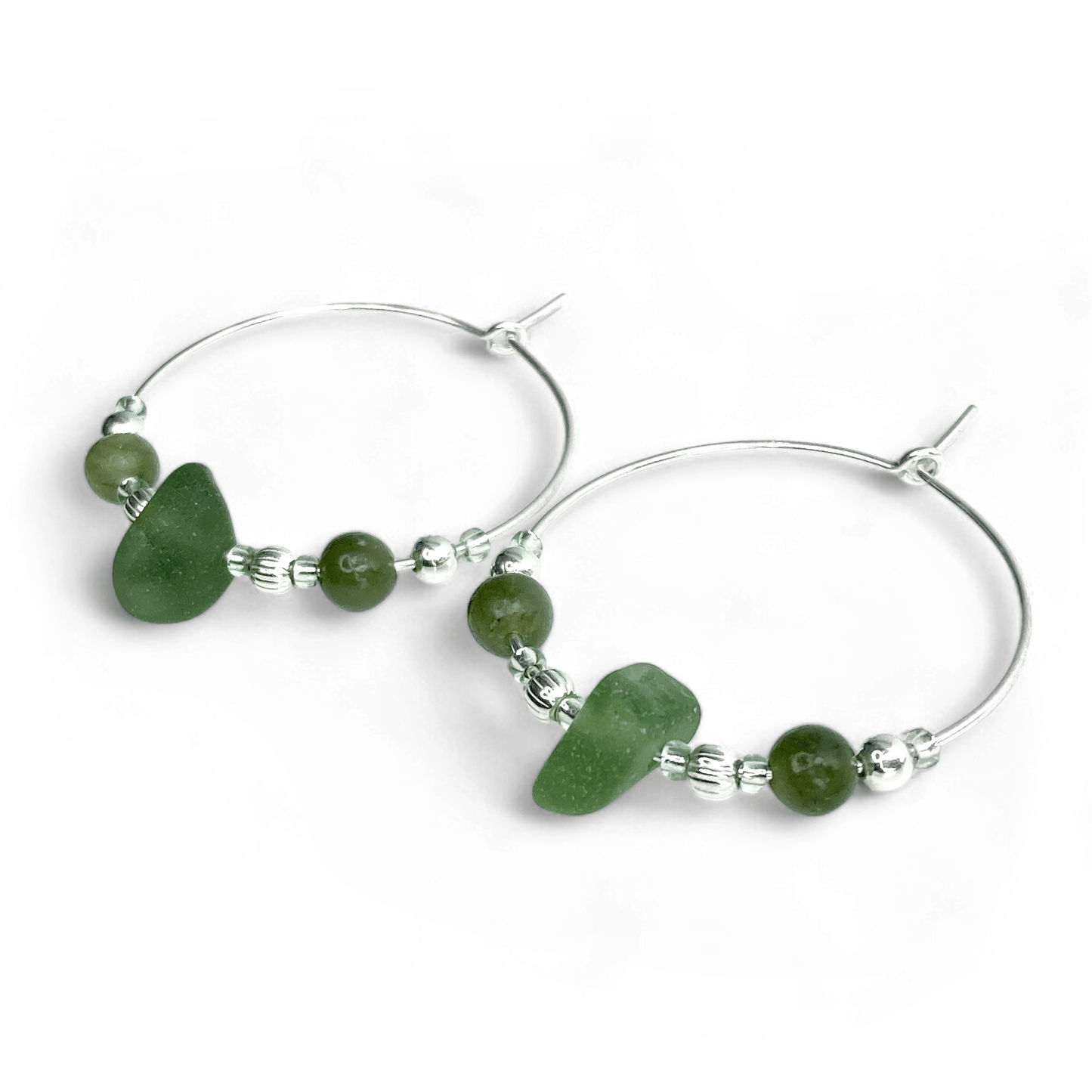 Large Sea Glass Hoop Earrings - Sterling Silver with Green Jade Crystal Beads - East Neuk Beach Crafts