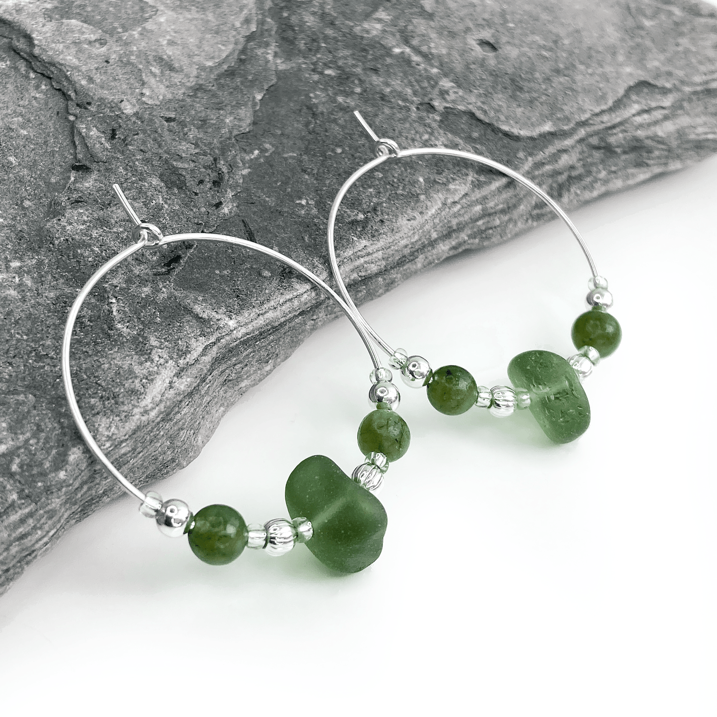 Large Sea Glass Hoop Earrings - Sterling Silver with Green Jade Crystal Beads - East Neuk Beach Crafts