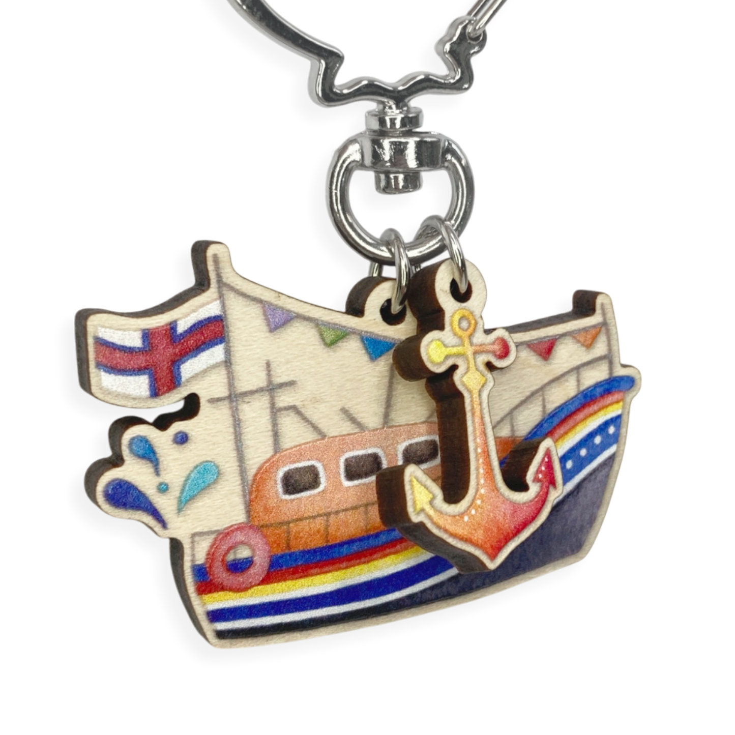 Wooden Keyring - RNLI Lifeboat and Anchor - Maple Wood Key Chain with Shell Clasp