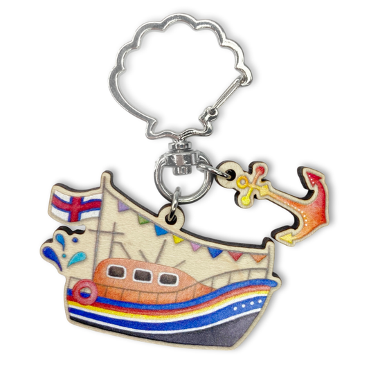 Wooden Keyring - RNLI Lifeboat and Anchor - Maple Wood Key Chain with Shell Clasp