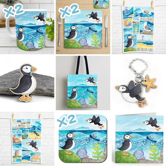 Mega Puffin Gift Bundle - Tote, Mugs, Tea Towels, Placemats, Coasters, Keyring, Fridge Magnet, Card - Save £15 - East Neuk Beach Crafts