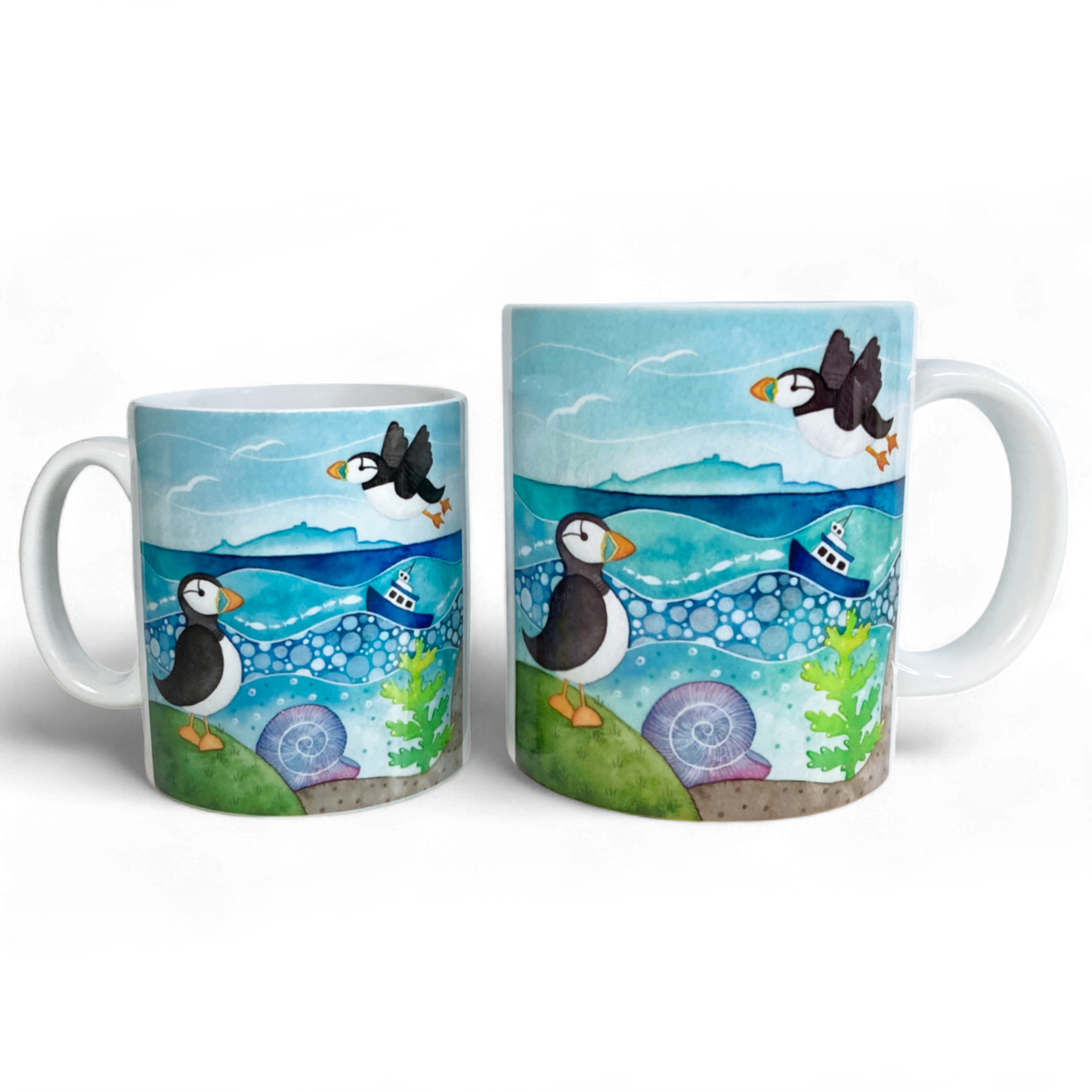 Giant Mug - Puffins on the Isle of May - Seaside Watercolours, East Neuk of Fife