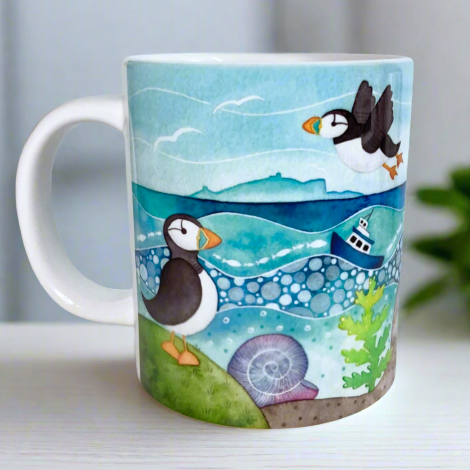 Giant Mug - Puffins on the Isle of May - Seaside Watercolours, East Neuk of Fife