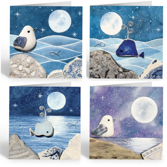 Greetings Cards (Pack of 4) Moonlight Marines - Seagulls and Whales