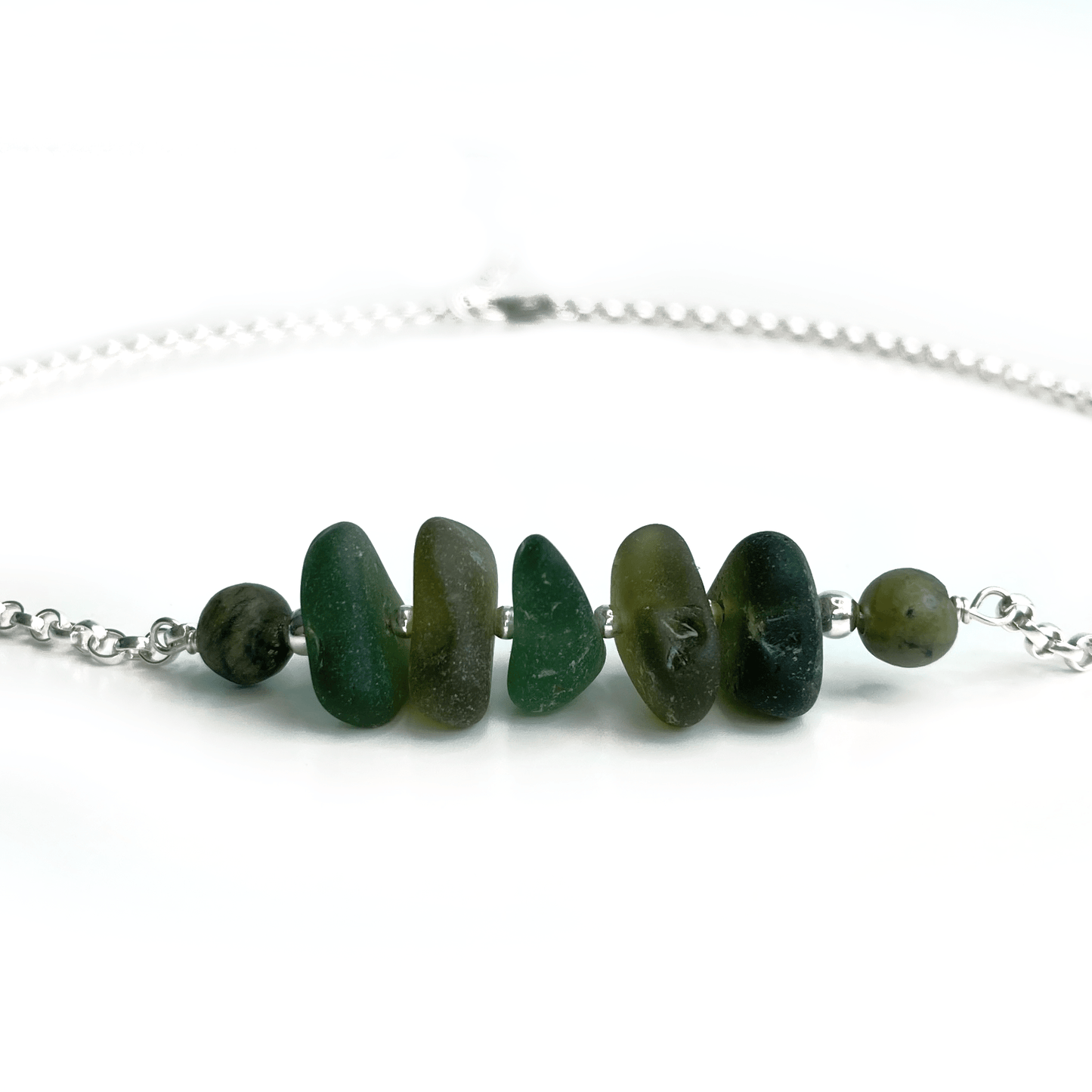 Olive Green Sea Glass Necklace with Jade Crystal Beads - Sterling Silver Scottish Jewellery - East Neuk Beach Crafts