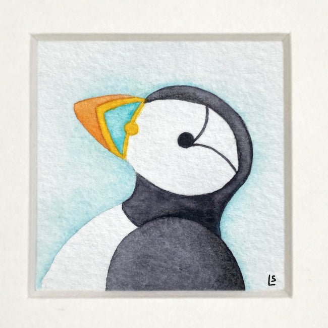 Original Watercolour Painting - Tiny Puffin - Framed, Mounted and Signed - East Neuk Beach Crafts